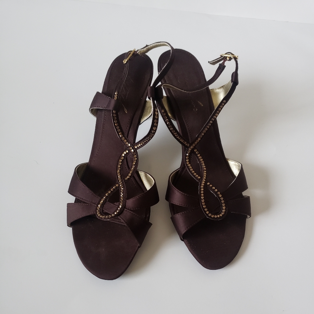 METAPHOR BROWN SATIN RHINESTONE KITTEN HEELS